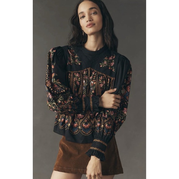 FARM Rio Tops - Farm Rio XL Bird Floral Lace Yoke Long Sleeve Boho Blouse